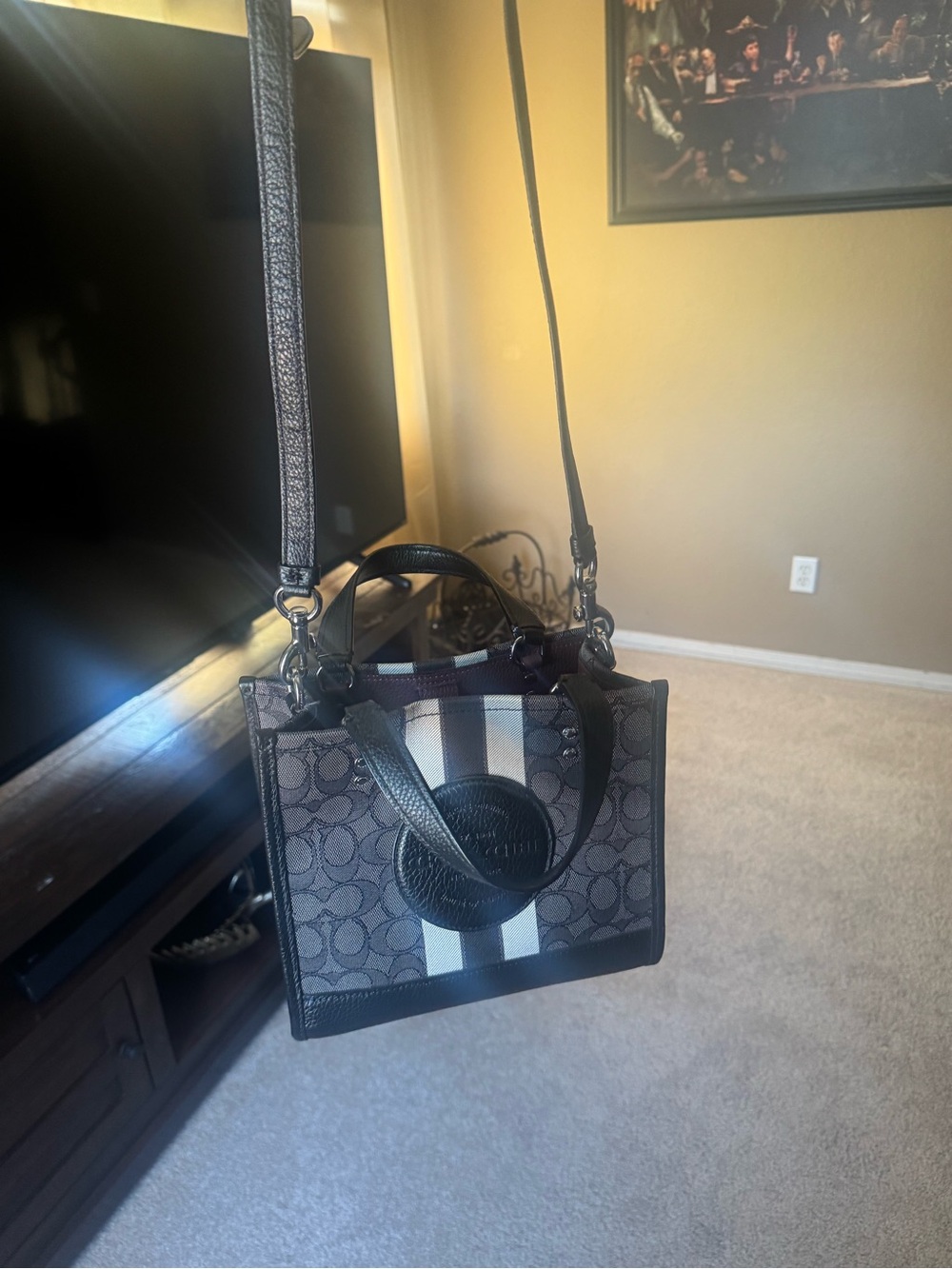 Coach Small Signature Tote in Black with White Stripe - Picture 2 of 3